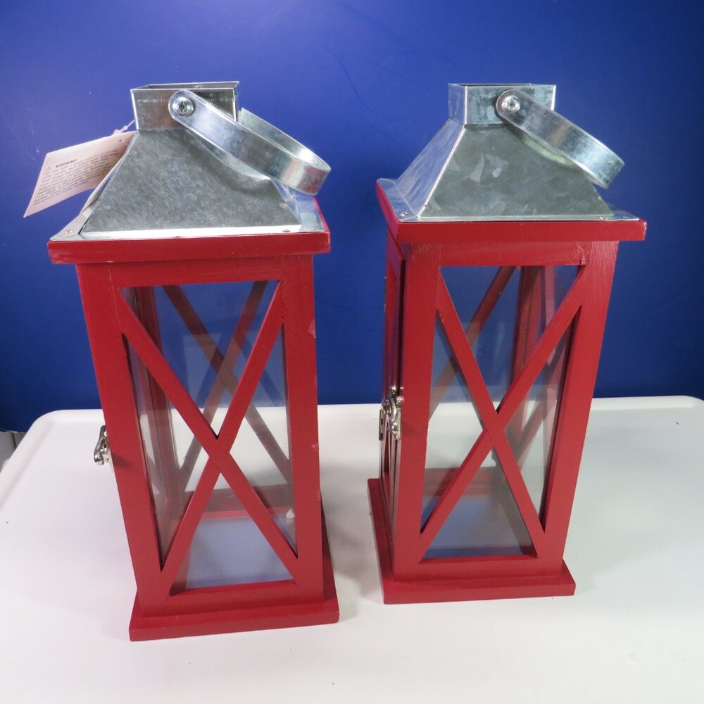 (2) Red Wood & Glass Lanterns w metal hinges Farmhouse Winter Holiday - Picture 2 of 16